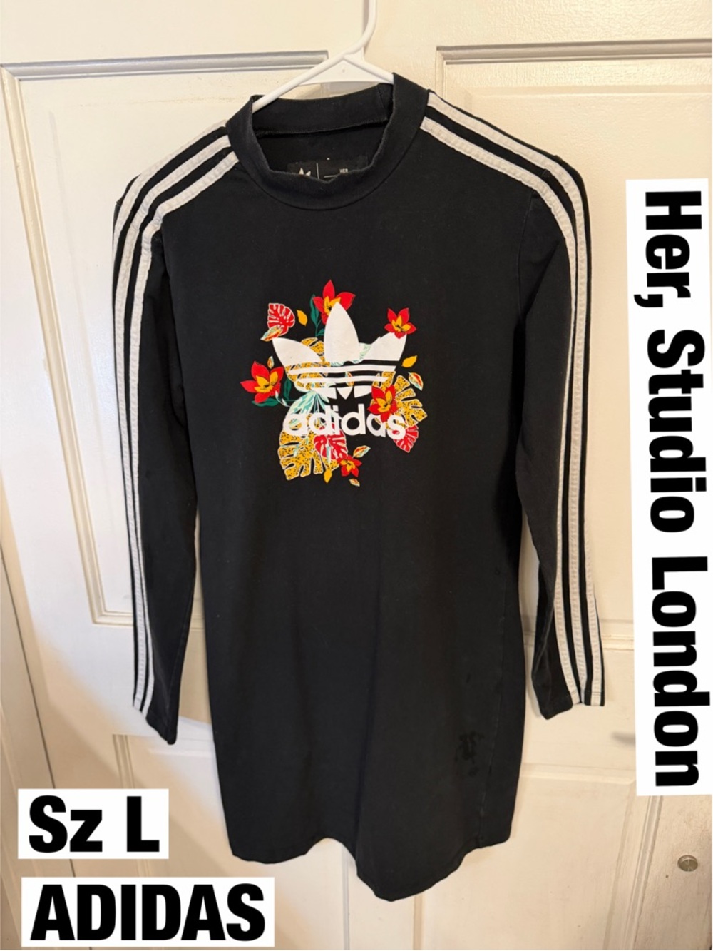 Adidas,  Her Studio London, Black Floral Trefoil Long Sleeve Tee Dress